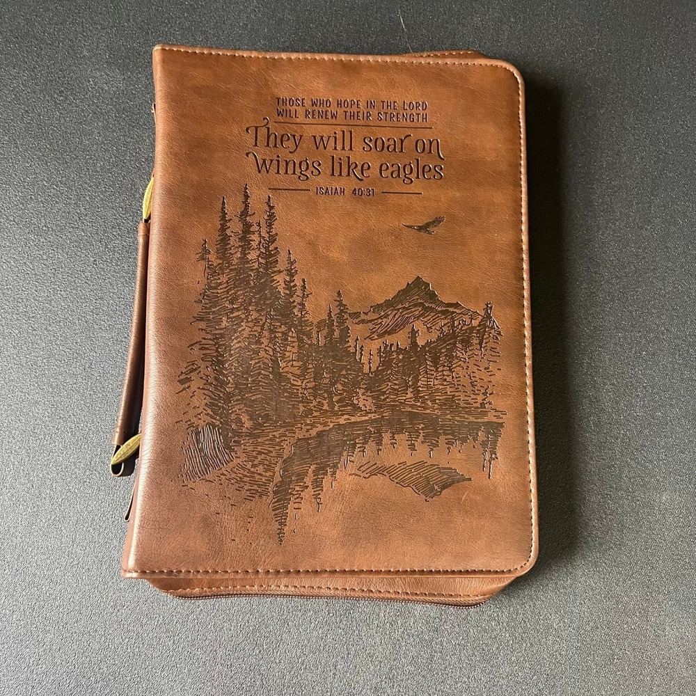 Isaiah 40:31 Brown Faux Leather Bible Cover Case with Handle and Zipper Large